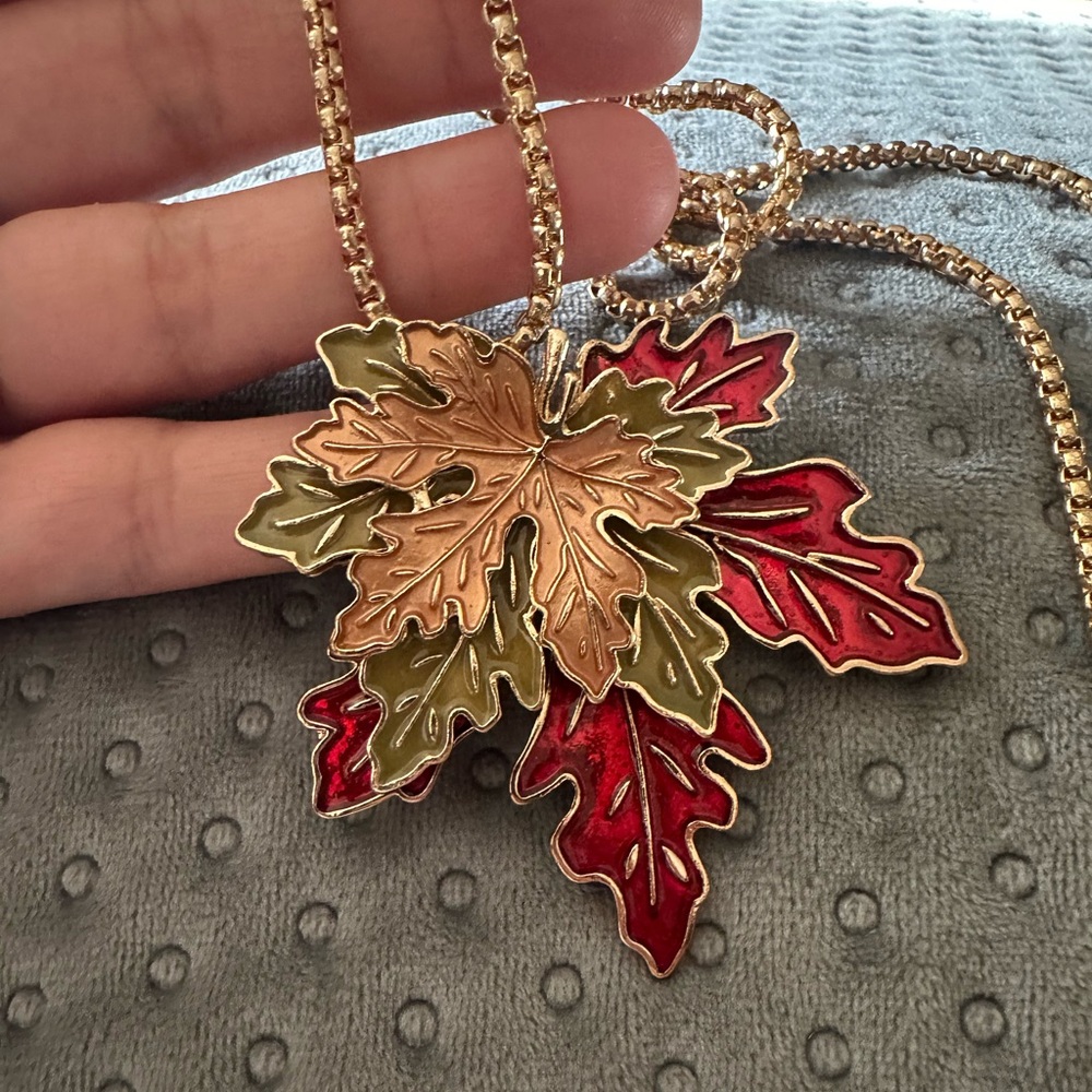 Maple Leaf Pendant Necklace Burgundy Peach Tan Long Necklace Enamel Cable Chain
